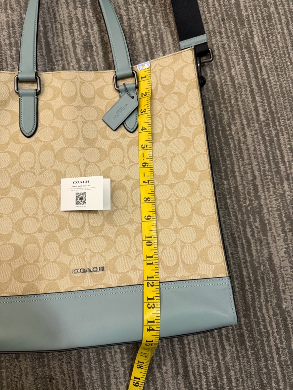 Coach Beige Signature Canvas Tote with Light Blue Trim - Picture 13 of 16